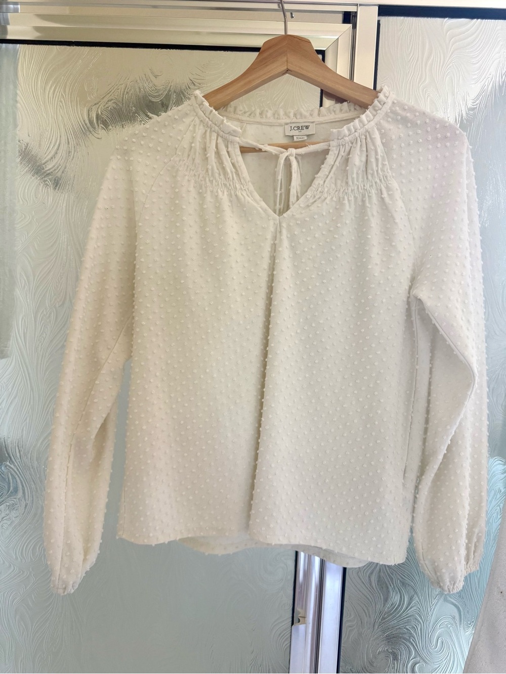 J. Crew Ivory Swiss Dot Peasant Blouse with Tie Neck